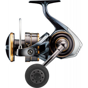 A fishing reel dark blue color with gold outlines and eva knob at the handle.